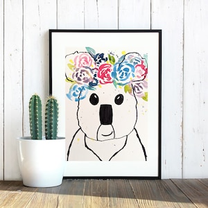 Peinture à l’aquarelle de la couronne de fleur de koala adulte, art de mur, décor à la maison, art original d’affiche, cadeau d’anniversaire, koala d’aquarelle, dessin de marqueur