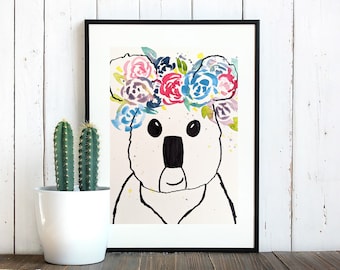 Aquarel schilderij van volwassen koala bloem kroon, kunst aan de muur, interieur, originele poster kunst, verjaardagscadeau, aquarel koala, marker tekening