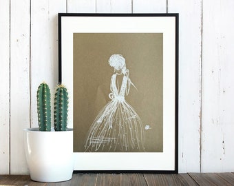 Women in white dress, White marker drawing of women in a beautiful gown, decor, original poster art, birthday gift