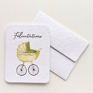 Carte de félicitations de bébé, poussette de bébé aquarelle sur papier de graines à planter ou papier blanc aquarelle, carte de baby shower, attend