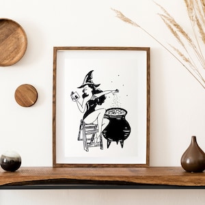 Witch magical illustration, black marker drawing on watercolor paper, home decor art, original art, made by hand, gift, Halloween art
