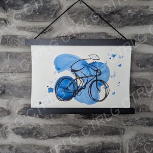 Blue Cyclist art, watercolor painting and marker drawing, decor, original art, made by hand gift