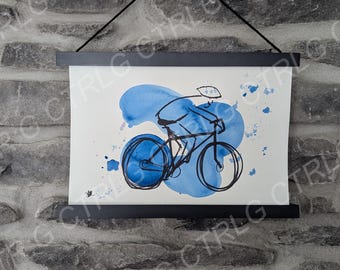 Blue Cyclist art, watercolor painting and marker drawing, decor, original art, made by hand gift