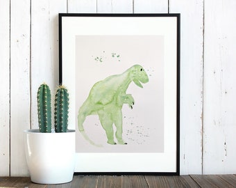 Tyrannosaurus dinosaur watercolor painting, original art, made by hand, gift, kids room, recycled paper, home decor, dinosaur art painting