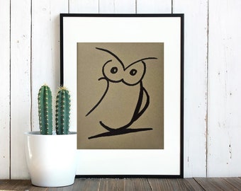 Minimalist owl in black marker drawing on cardboard colored paper, wall art decor, original poster art, gift