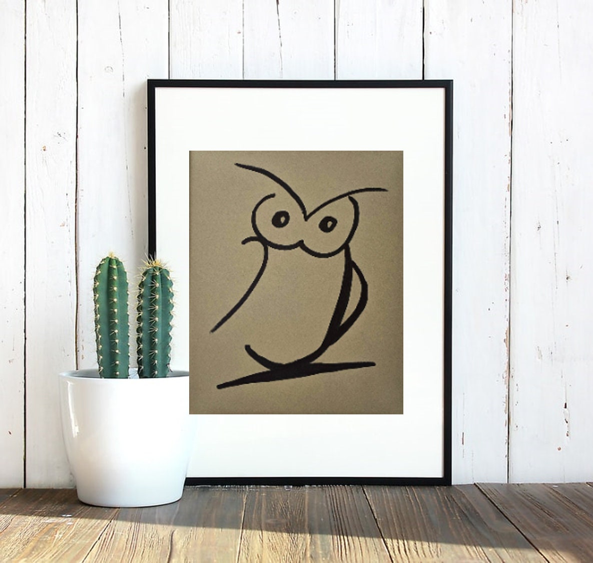 Minimalist owl in black marker drawing on cardboard colored paper, wall art decor, original poster a