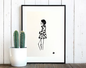 Black marker drawing of women walking in coat with dots, on perle white paper, art piece, decor art, gift idea, wall art, design, fashion