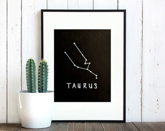 White marker drawing of Taurus  astrological zodiac sign, decor, original poster art, star sign