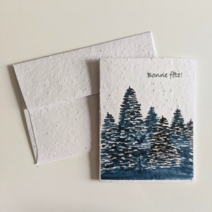 Joyeux anniversaire, aquarelle forêt bleu foncé sur papier graine plantable ou papier blanc aquarelle