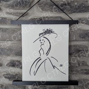 Black marker drawing of women in sun hat  with ball gown, on perle white paper, art piece, decor art, gift idea