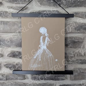 Women in white dress, White marker drawing of women in a beautiful gown, decor, original poster art, birthday gift