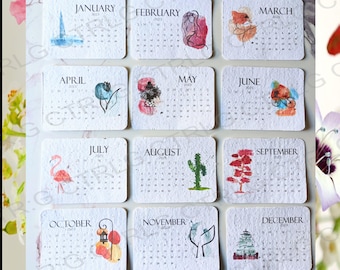 Plantable calendar 2027, wild flower seeds, calendar on white wild flower seed paper, plantable seed paper, watercolor art, plantable art