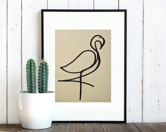 Flamingo black marker drawing on yellow mustard colored paper, minimalist art, original poster art, wall art decor, gift