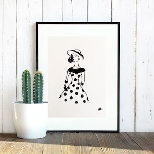 Black marker drawing of women in dress with dots, on perle white paper, art piece, decor art, gift idea, wall art, design, fashion, femme
