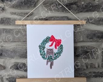 Cat in a wreath, Christmas art, marker drawing, decor, original art, made by hand gift