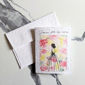 Enveloppe de carte plantable graines de fleurs sauvages, carte de fête des mères heureuse, fleurs aquarelles femmes en robe sur papier de graines blanc, carte de remerciement