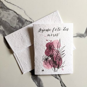Carte de fête des mères, fleurs végétales aquarelles sur papier de graines à planter ou papier blanc aquarelle, carte de remerciement, bonne fête des mères