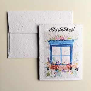 Carte de pendaison de crémaillère de félicitations, fenêtre de fleurs aquarelle sur papier de graines plantables ou papier blanc aquarelle, nouvelle maison,