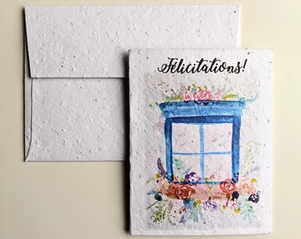 Congratulations housewarming card, watercolor flower window on plantable seed paper or watercolor white paper, new home,