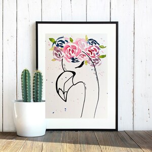 Peinture d’aquarelle de couronne de fleur de flamant, art de mur, décor à la maison, art original d’affiche, cadeau d’anniversaire, flamant d’aquarelle, dessin de marqueur