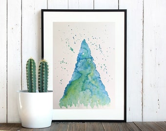 Watercolor painting of turquoise Christmas tree, wall art, Christmas decor, home decor, original poster art, christmas gift, birthday gift