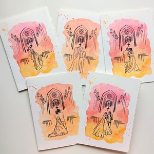 Couple de mariés dans une église de maison sur papier blanc aquarelle, bordures usées