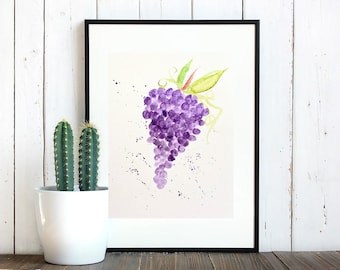 Grapes watercolor painting, original art, made by hand, gift, kids room, recycled paper, home decor, fruit wall art decor, food painting