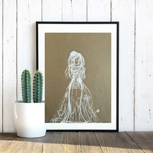 Women in ball gown dress, White marker drawing of women in a beautiful gown, decor, original poster art, birthday gift, wedding dress art,