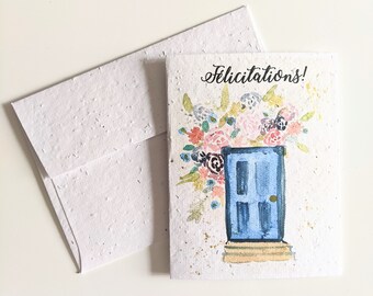 Congratulations, watercolor blue door with flowers on plantable seed paper or watercolor white paper, new home card, house warming card