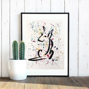 Dipinto ad acquerello arcobaleno di cane, disegno con pennarello nero, decorazione, arte originale, fatto a mano, regalo, cameretta per bambini, carta riciclata, minimale