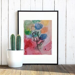 Colori dell'arcobaleno con acquerello di rose, disegno con pennarello nero, decorazione, arte originale, fatto a mano, regalo, cameretta per bambini, carta riciclata