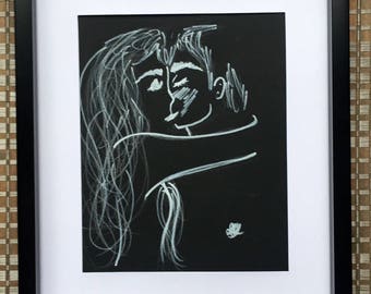 White marker drawing of couple kissing, decor, original poster art