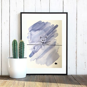 Cat over wall, purple watercolor painting, black marker drawing, decor, original art, made by hand, gift, kids room