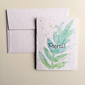 Merci aquarelle feuille turquoise sur papier graine plantable ou aquarelle papier blanc, carte de remerciement, carte d’amitié