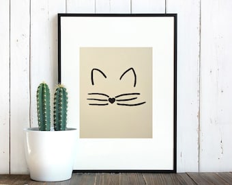 minimalist cat with heart shaped nose black marker drawing on a yellow mustard colored paper, wall art decor, original poster art, gift