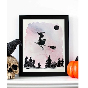 Witch watercolor painting, decor, original art, made by hand, gift, Halloween painting, recycled paper
