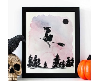 Aquarelle de sorcière, décoration, oeuvre d'art originale, faite à la main, cadeau, peinture d'Halloween, papier recyclé