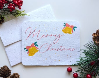 Christmas card with jingle bells on plantable paper or watercolor white paper, worn out borders