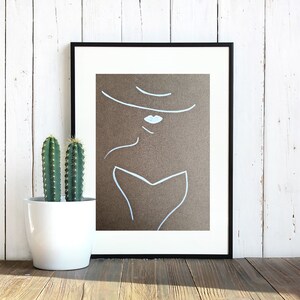 White marker drawing of women in the sun hat with elegant gown, decor, women art, handmade drawing, original