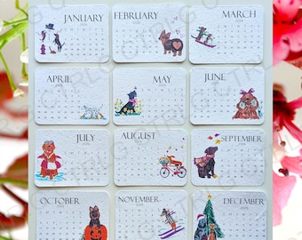 Plantable calendar 2026, fun dog illustrations on paper made with wild flower seeds, calendar on wild flower seed paper,plantable seed paper