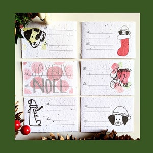 Étiquettes-cadeaux de Noël à planter avec un dessin festif de chiens, six étiquettes-cadeaux de vacances, étiquette de nom, étiquette de cadeau de fleurs sauvages, chiens de vacances
