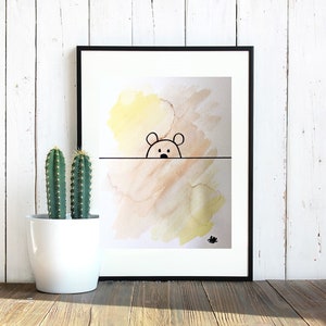 Bear over wall, green yellow brown watercolor painting, black marker drawing, decor, original art, made by hand, gift, kids room