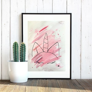 Cute unicorn face, black marker drawing on watercolor white paper, decor, original art, made by hand, gift, kids room, birthday gift