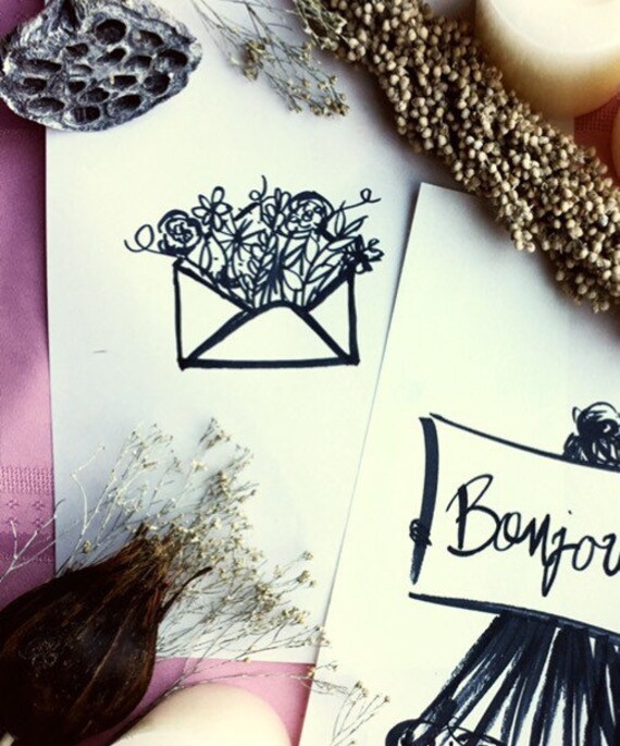 Black Marker Drawing Of Flowers Coming Out Of Envelope On Etsy