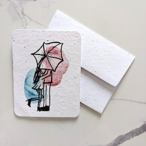 Couple kissing under umbrella on plantable seed paper or watercolor white paper, Happy valentine's day, love card, anniversary card