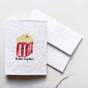 Popcorn à l’aquarelle sur papier graine plantable ou papier blanc aquarelle, Beurre ensemble, carte d’amour, carte de Saint-Valentin, jeu de mots drôle