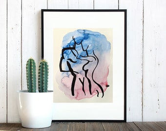 Black marker drawing, watercolor painting of Intimate couple, black frame, decor, original poster art