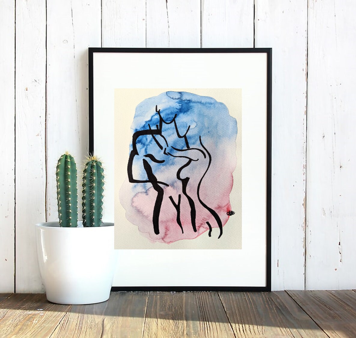 Black Marker Drawing Watercolor Painting Of Intimate Couple | Etsy