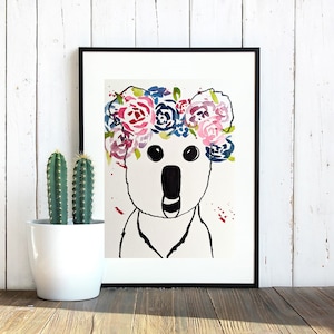 Peinture à l’aquarelle de la couronne de fleur de bébé Koala, art de mur, décor à la maison, art original d’affiche, cadeau d’anniversaire, koala d’aquarelle, dessin de marqueur