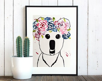 Aquarel schilderij van baby Koala bloem kroon, kunst aan de muur, interieur, originele poster kunst, verjaardagscadeau, aquarel koala, marker tekening